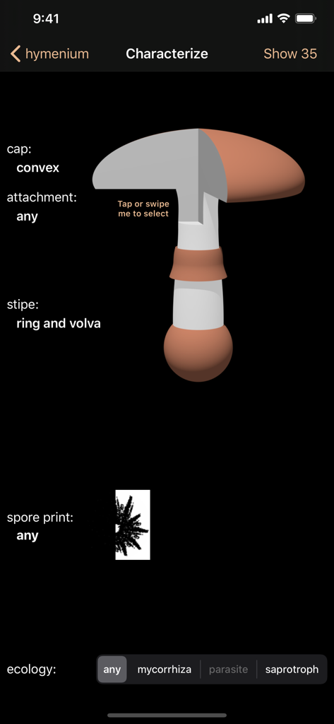 Fungi - Interface for identifying mushrooms by selecting physical characteristics like cap shape and stipe type