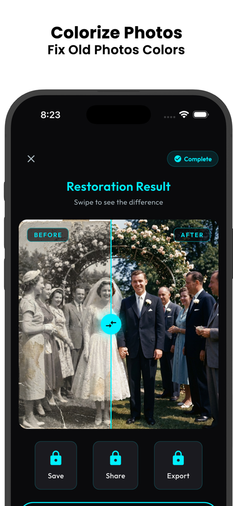 Old Picture Restoration AI - Before and after comparison of an old wedding photo restored and colorized with AI