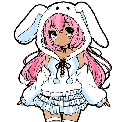pretty anime girl wearing a fluffy hoodie with bunny ears on the hood and a skirt