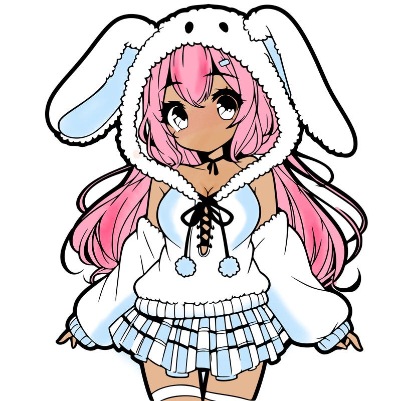 pretty anime girl wearing a fluffy hoodie with bunny ears on the hood and a skirt