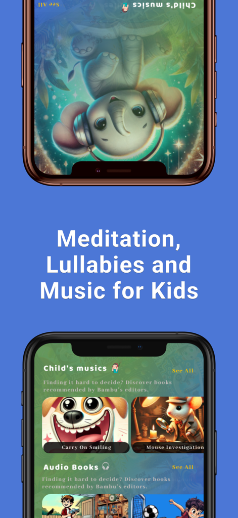 Bambu: Bedtime Stories & Books - Bambu app interface showcasing meditation lullabies and music for children
