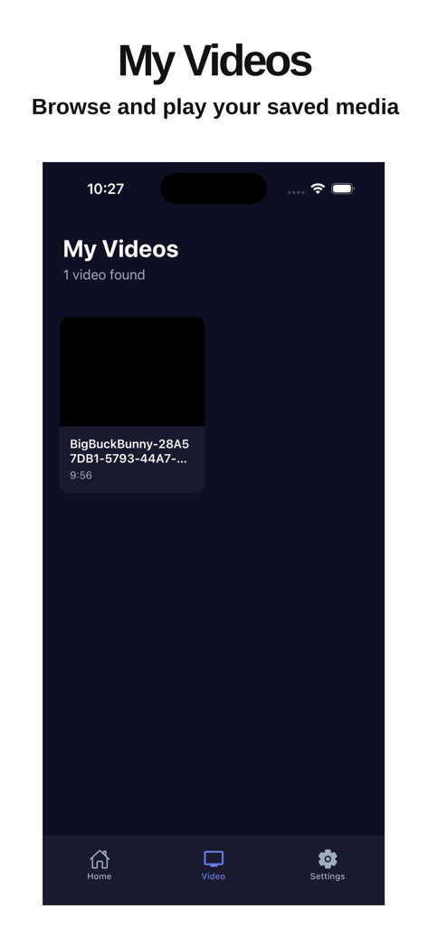 Capture d'écran de l'application SunPlay montrant l'écran Mes Vidéos pour parcourir et lire des fichiers multimédias locaux enregistrés.