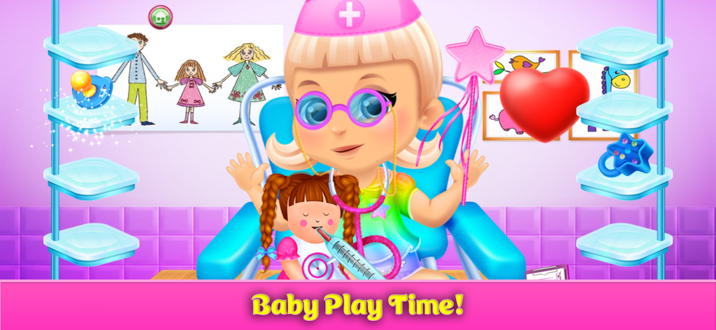 Mommy & Baby Games: Newborn - Ein Cartoon-Mädchen als Ärztin mit Stethoskop und Spritze spielt mit einer Puppe