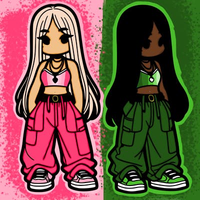 girl in baggy pants crop top and long hair