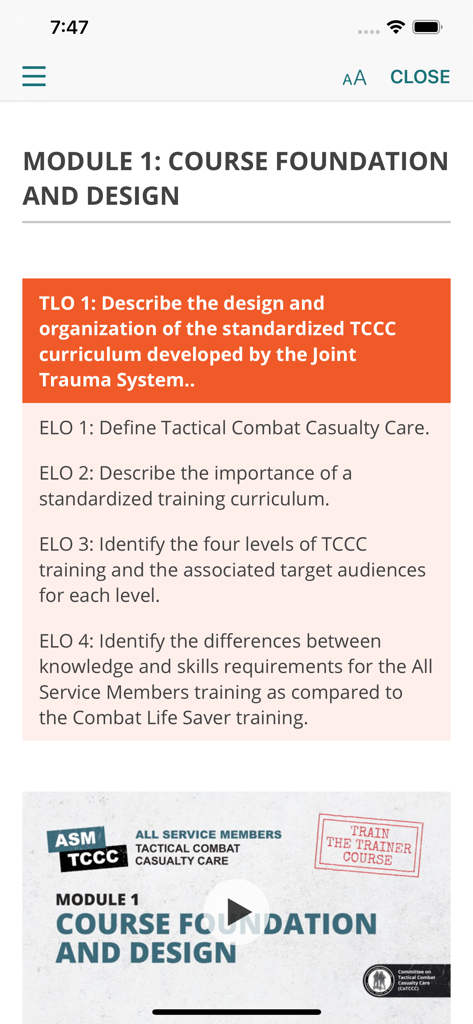 Course Foundation and Design module screen from the Deployed Medicine app showing learning objectives for Tactical Combat Casualty Care