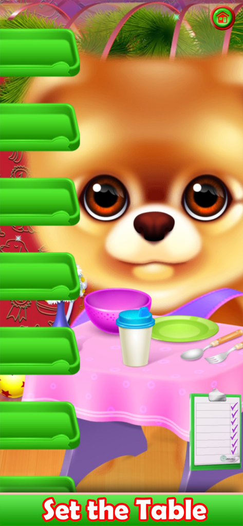 Pet Puppy Nursery Time - Um filhote fofo olhando para uma mesa rosa com uma tigela, prato, copo e talheres.