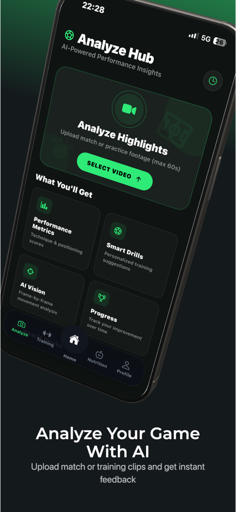 Footly: AI Soccer Coach. - Pantalla del Centro de Análisis de la aplicación Footly que muestra funciones de análisis de video de fútbol IA y métricas de rendimiento.