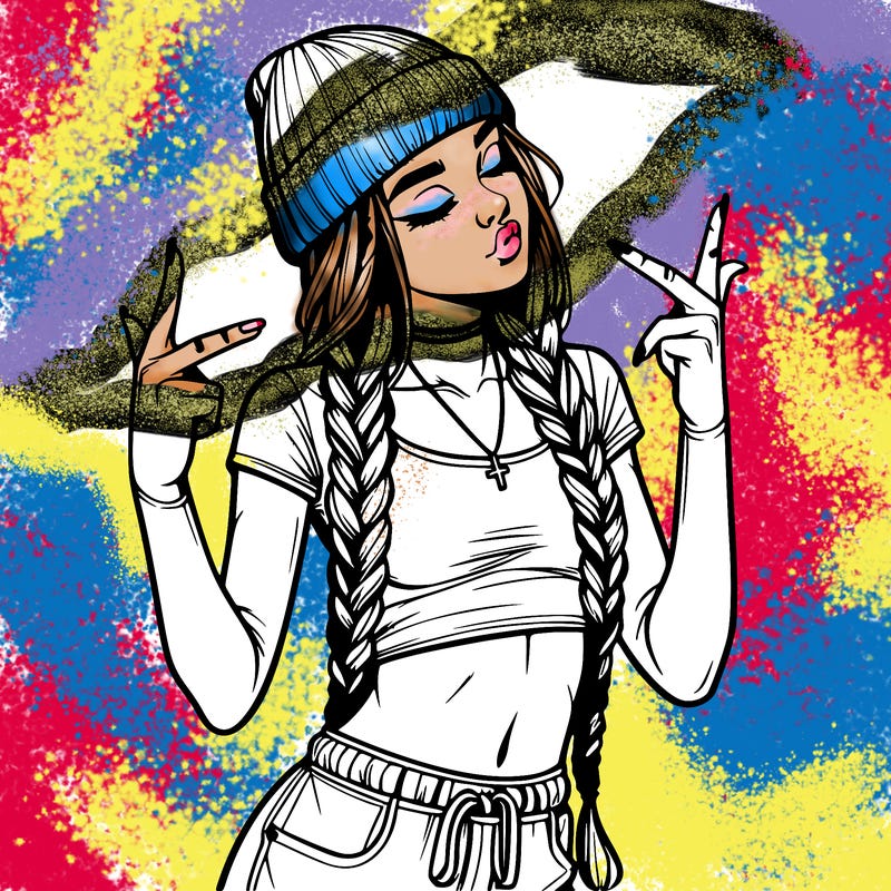 realistic teenage girl with braids and a beanie and crop top doing 🫶🏼