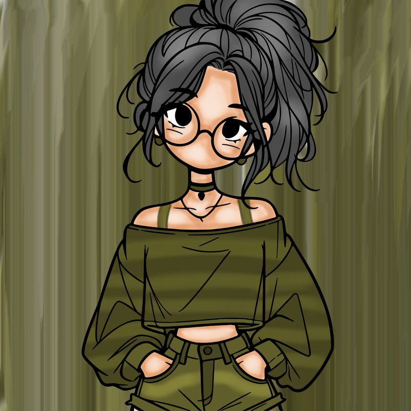 girl with a messy ponytail glasses a baggy crop top and jean shorts