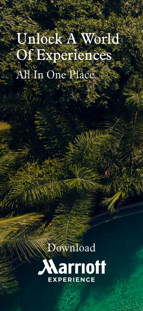 Marriott Experience app promotional screen featuring tropical palm trees and a resort pool background