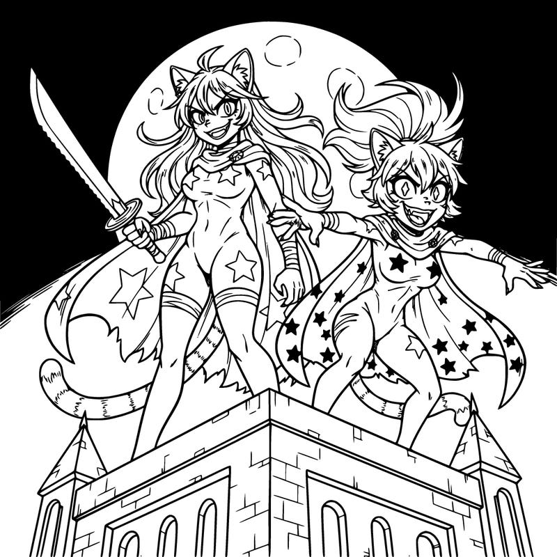 two dangerous looking cat girls on-top of a building one is taller and has longer hair her eyes look angry but she is smiling she is also holding a blade she is also wearing a cape with white stars the other one is shorter and is in a villain like position she is laughing with no joy and is wearing a cape with black stars she has her hair in a messy ponytail the sky is night and the moon is full.
