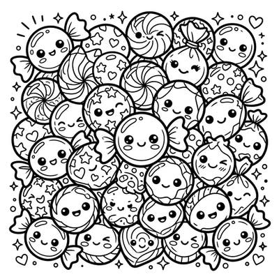 Dive into a world of sugary cuteness with this Kawaii hard candies coloring page, bursting with adorable treats and happy faces. Perfect for a quick, sweet escape, it promises a joyful and relaxing coloring experience.