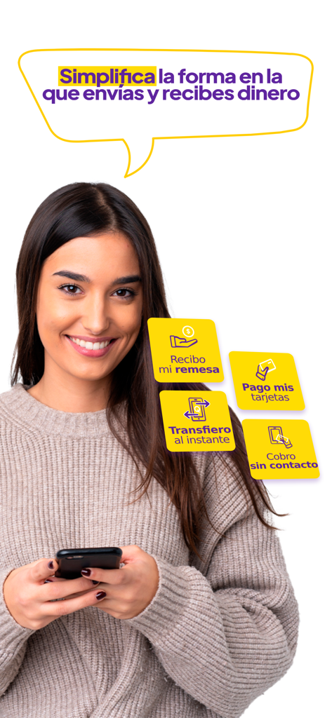 V.way - Mulher segurando um smartphone mostrando os recursos do aplicativo V.way para remessas e pagamentos instantâneos