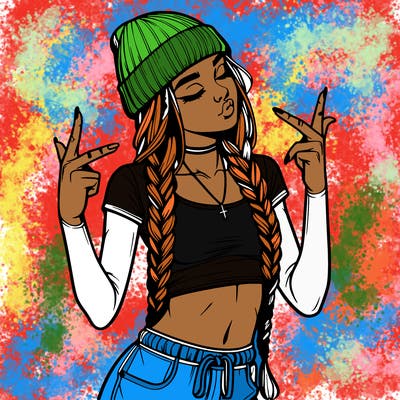 realistic teenage girl with braids and a beanie and crop top doing 🫶🏼