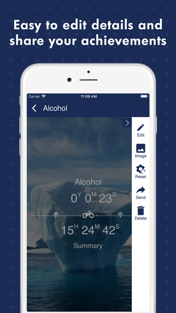 Sober Tracker – Quit Addiction - Sober Tracker app screen showing a sobriety counter for alcohol with an iceberg background