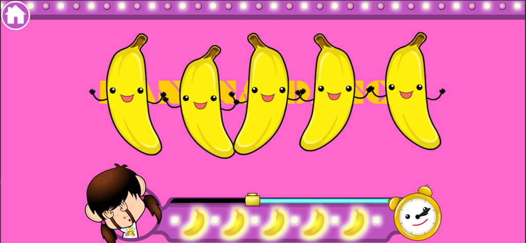 Zuzu's Bananas - Five happy cartoon bananas holding hands and dancing on a pink background in the Zuzus Bananas educational app.