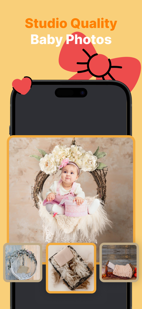 Smartphone screen showing the Miracle app interface with a baby in a professional studio backdrop and various background templates