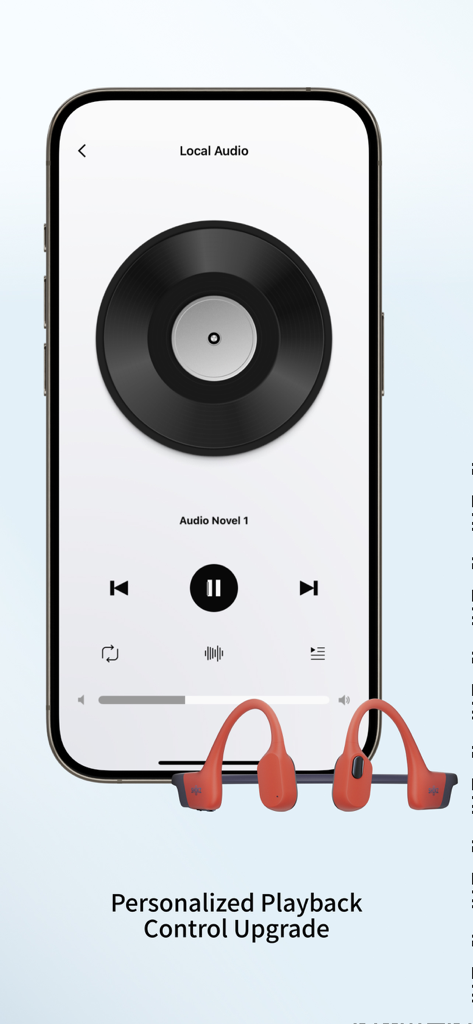 Shokz - Shokz app interface showing local audio playback controls with a pair of bone conduction headphones