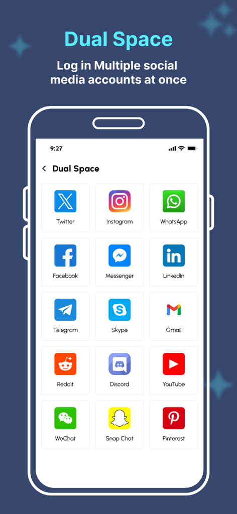 Multiple Accounts: Dual Spaces - Oberfläche der App Dual Space mit Symbolen für mehrere Social-Media-Konten wie WhatsApp, Instagram und Facebook