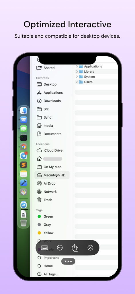 iPhone screen showing the Scrcpy Remote app interface controlling a remote macOS desktop file system