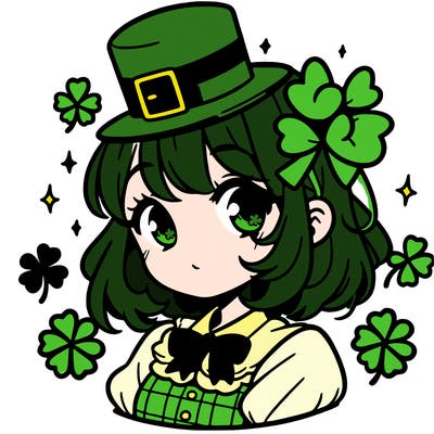 a manga-style girl with clovers around her, a little hat in her hair, like it's saint patrick's day