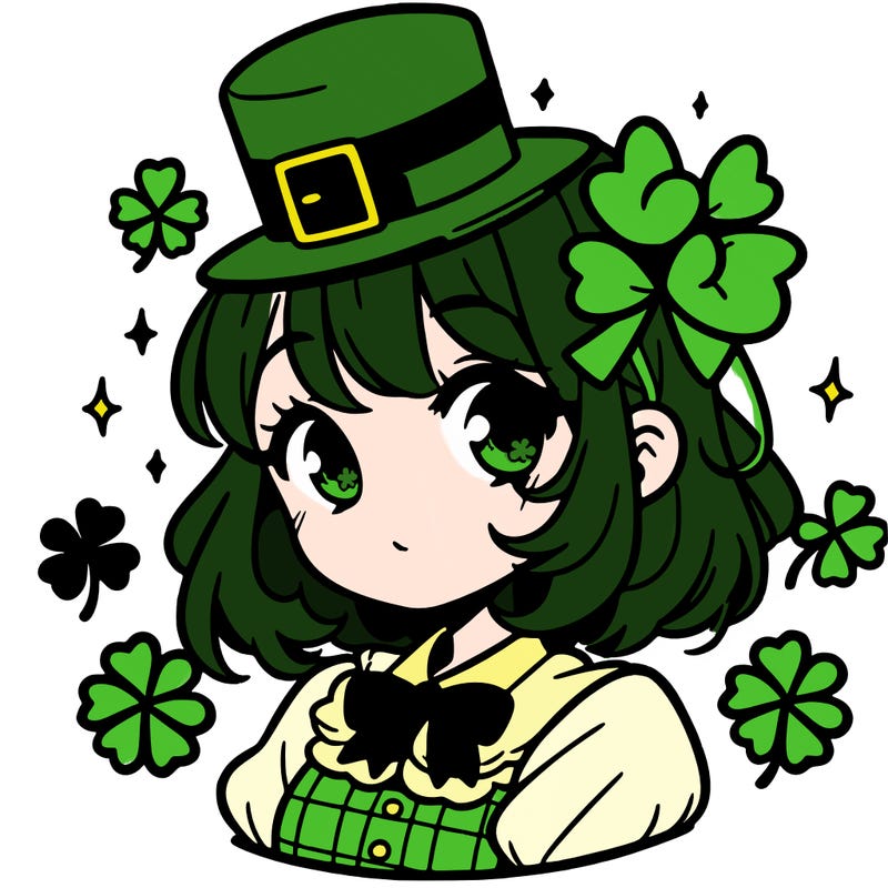 a manga-style girl with clovers around her, a little hat in her hair, like it's saint patrick's day
