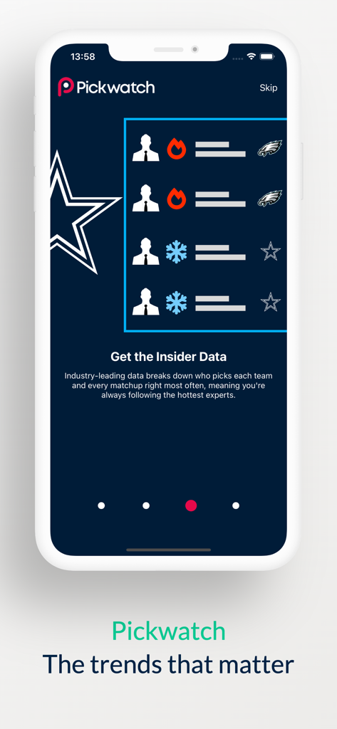 Pickwatch app screen showing sports betting insider data and expert prediction tracking for NFL teams