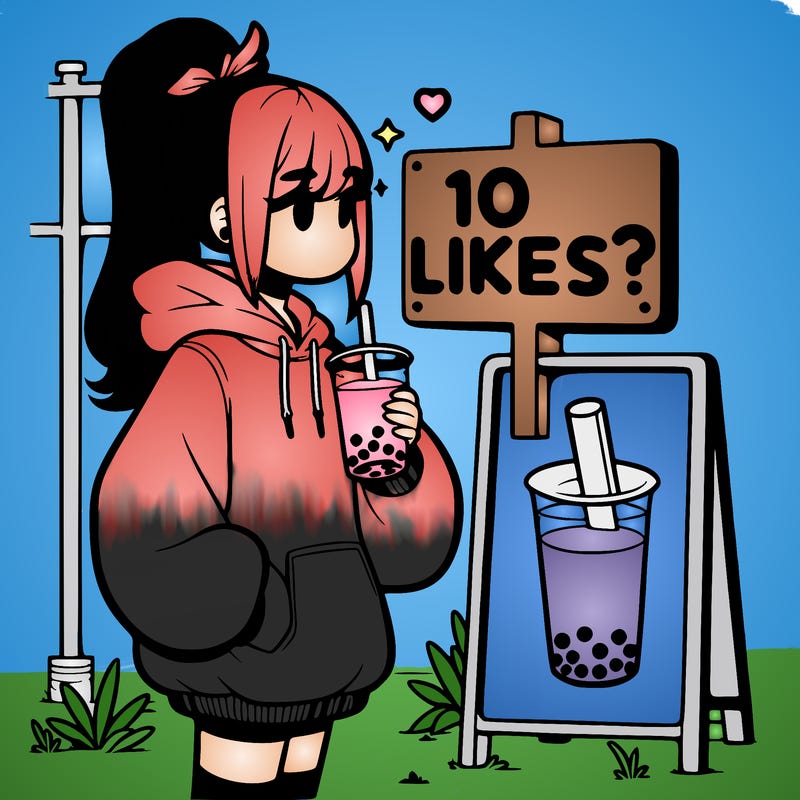 girl with oversized hoodie drinking boba and she has a high ponytail with a sign that says 10likes?