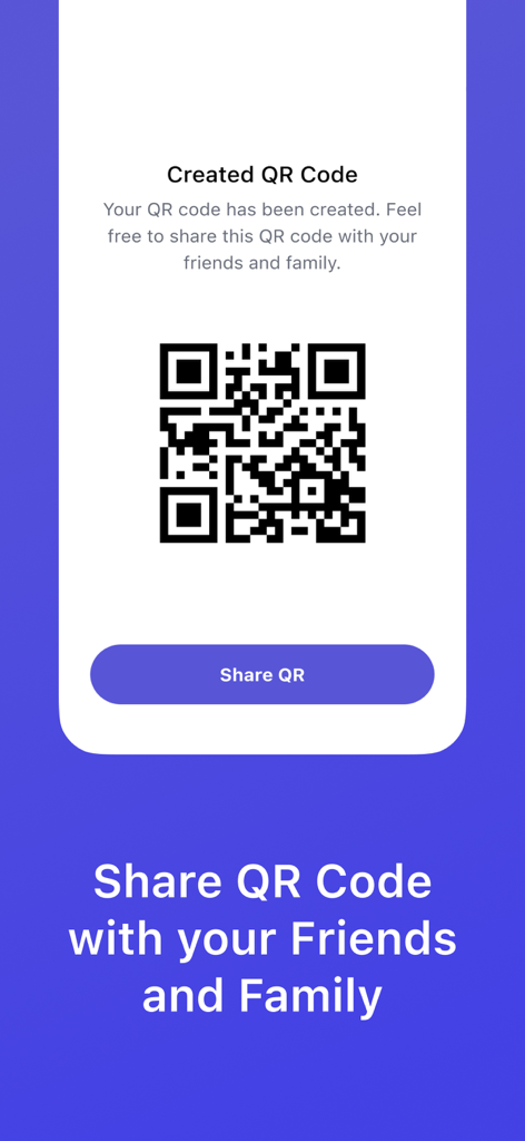 QR Code Pro: scan, generate - Interface mostrando um código QR criado com sucesso com um botão Compartilhar QR.