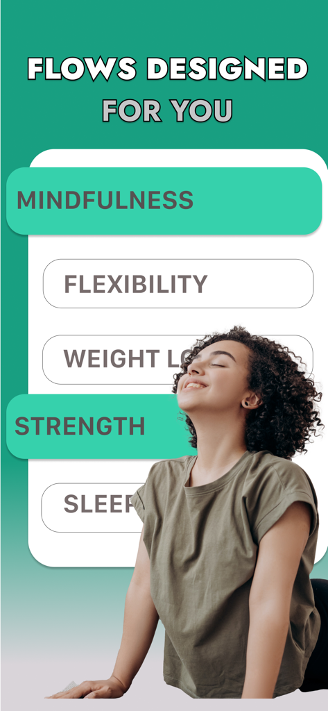 Yoga for beginners | Prayoga - A woman practicing yoga with labels for different routines like mindfulness flexibility and strength