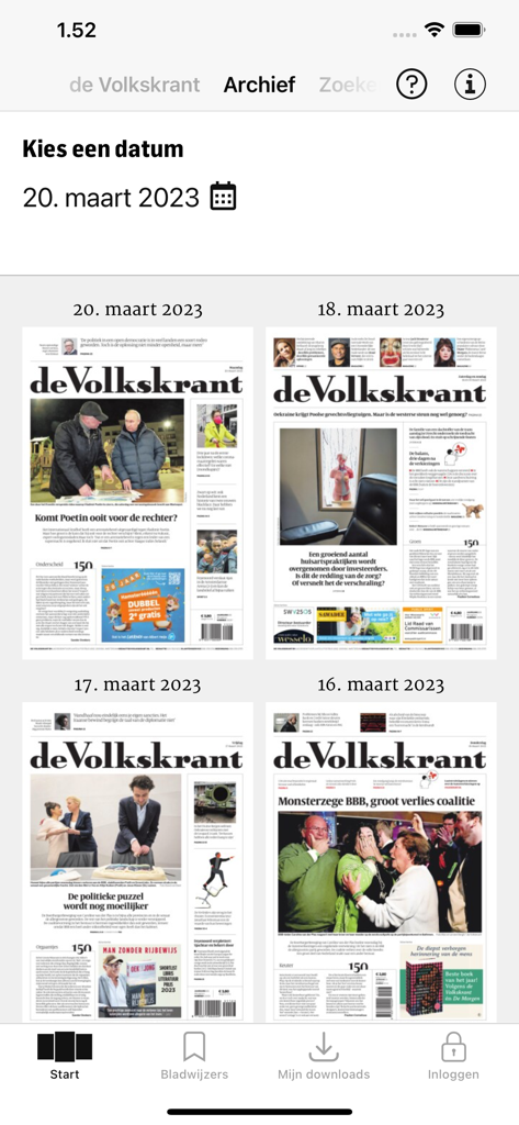 Écran d'archive numérique de l'application de Volkskrant montrant les unes des journaux passés.