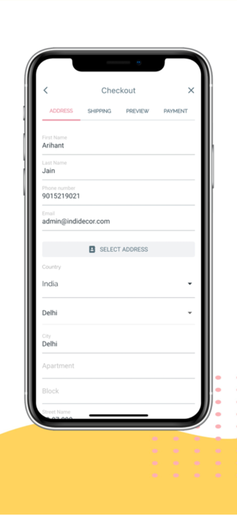 Indidecor - Indidecor 모바일 선물 쇼핑 앱의 결제 주소 양식