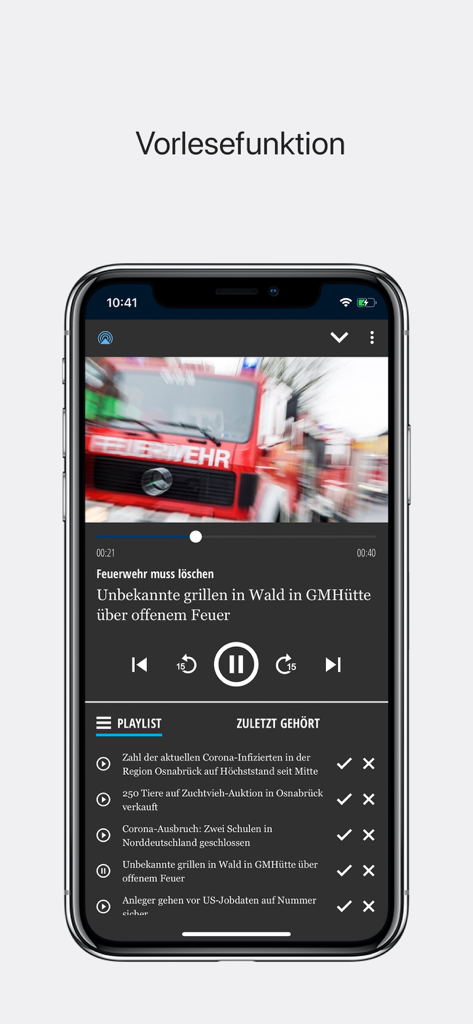 noz News - noz News app screenshot showing the integrated audio player for news articles and a customizable playlist.