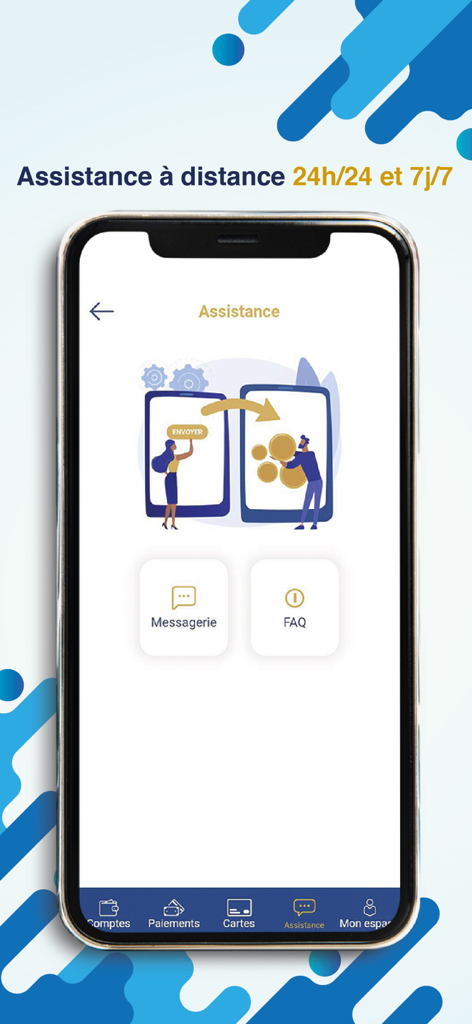 NSIA Banque Direct - NSIA Banque Direct app assistance page featuring messaging and FAQ options for 24-7 customer support