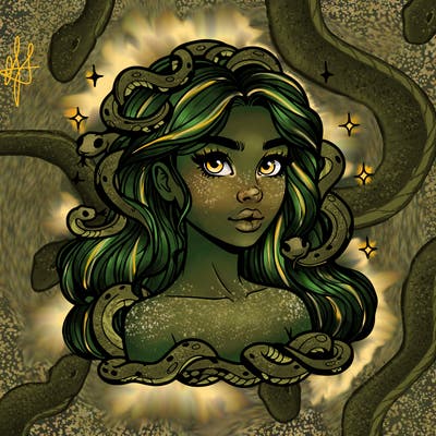 realistic girl with snakes as hair