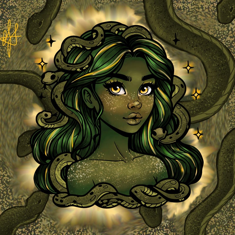 realistic girl with snakes as hair