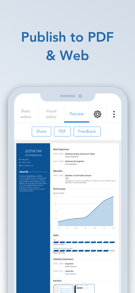 Interface de l'application VisualCV montrant un aperçu de CV et les options d'exportation en PDF