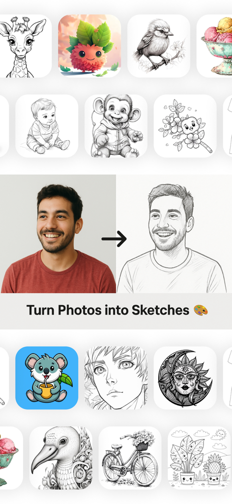 AR Drawing Sketch Trace Paint - A showcase of the photo to sketch feature and diverse drawing templates including anime and animals.