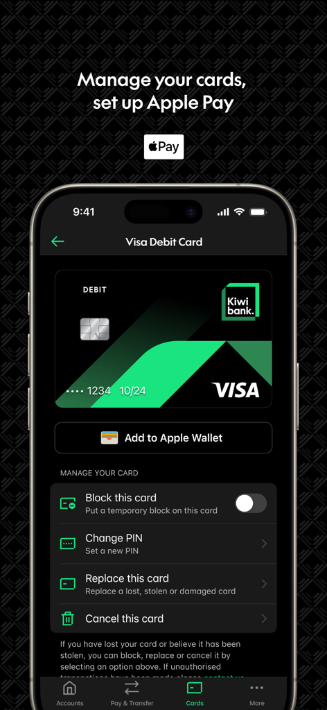 Kiwibank mobile app screen showing Visa Debit Card management options and Apple Pay setup