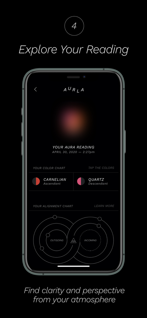 AURLA: Aura Photos & Readings - Interfaccia dell'app AURLA che mostra un'analisi dettagliata dell'aura con un grafico a colori e un diagramma di allineamento energetico