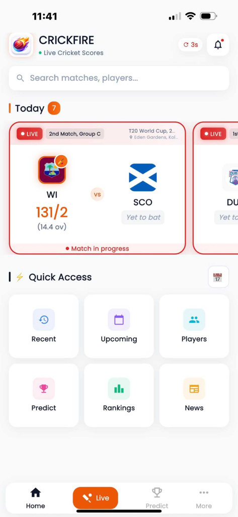 CrickFire - Live Scores - CrickFire mobile app home screen showing live cricket match updates and quick access features