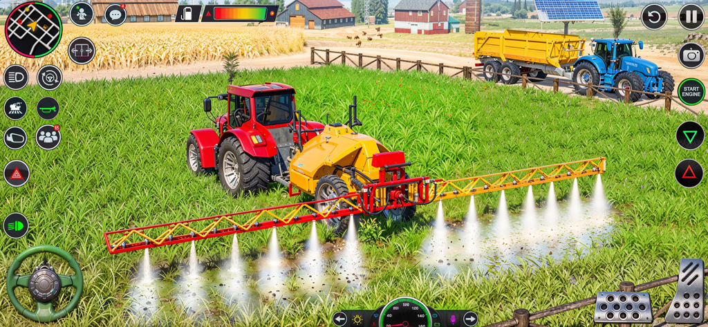Tractor Driving Farming Games - A red tractor using a large yellow sprayer to water green crops in a 3D farm environment with game interface buttons