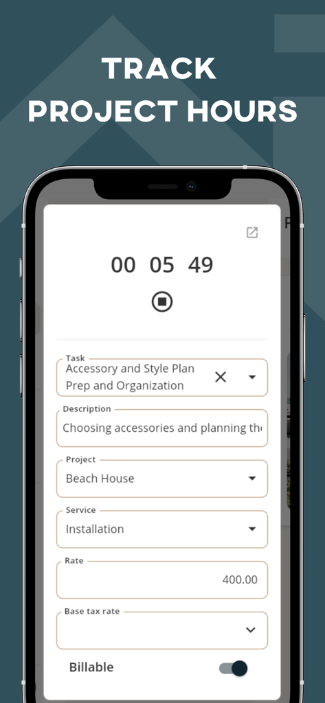 Mydoma Studio - Interior design project time tracking interface in the Mydoma Studio app showing billable hours and task details.