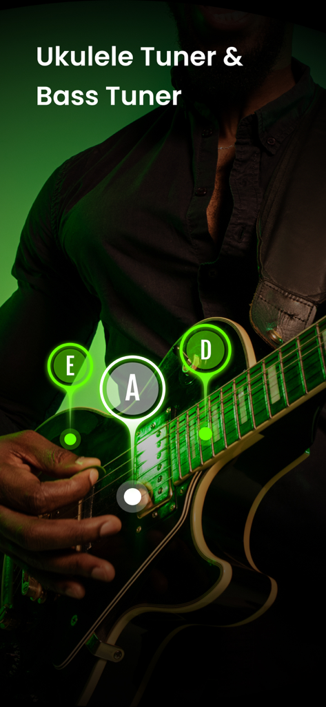 Guitar Tuner - GuitarTunio - Ein Musiker spielt eine E-Gitarre mit digitalen Stimmgerät-Overlays, die Notenindikatoren für Ukulele und Bass zeigen