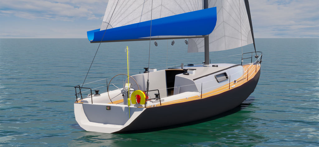 Vista de popa de un velero 3D detallado en el agua en Sailing Ship Simulator