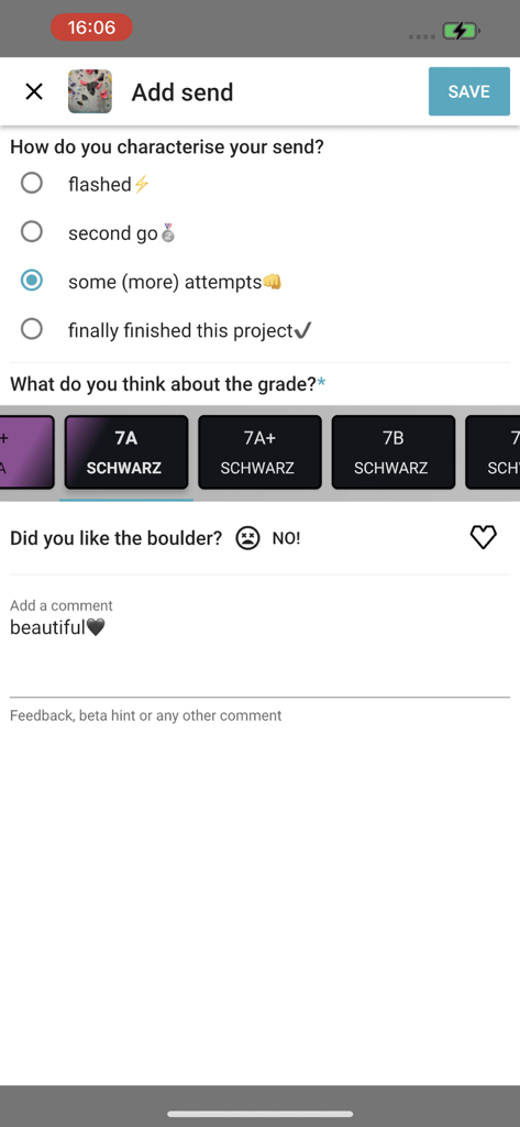 BETA7 - BETA7 app interface for logging a bouldering send with options for attempts difficulty grades and user comments