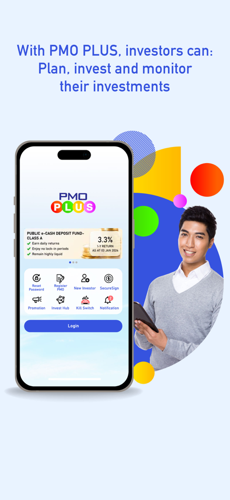 PMO PLUS - PMO PLUS mobile app login screen featuring investment planning and monitoring tools