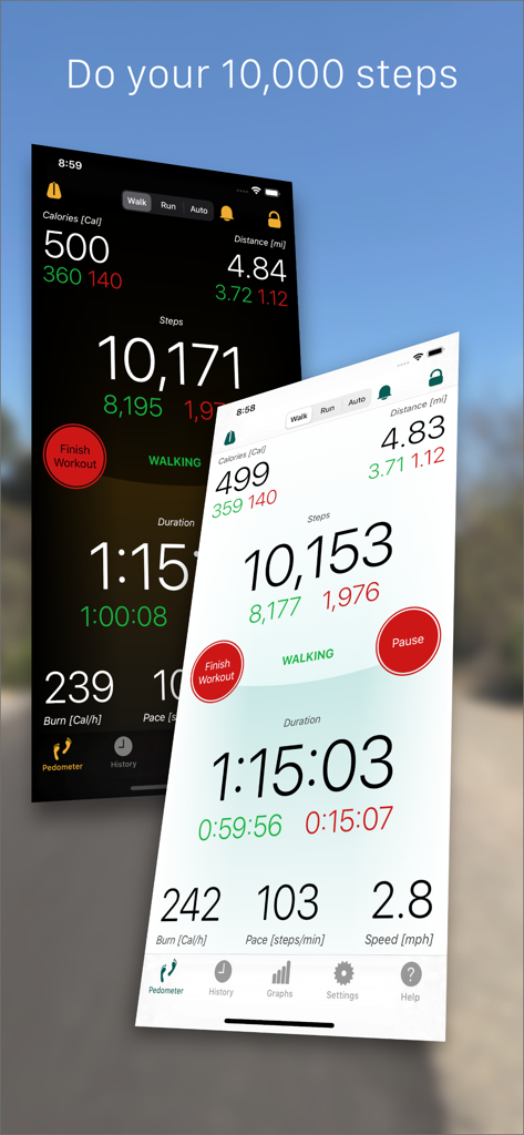 Footsteps Pedometer app showing a daily goal of 10,000 steps on dark and light interface screens