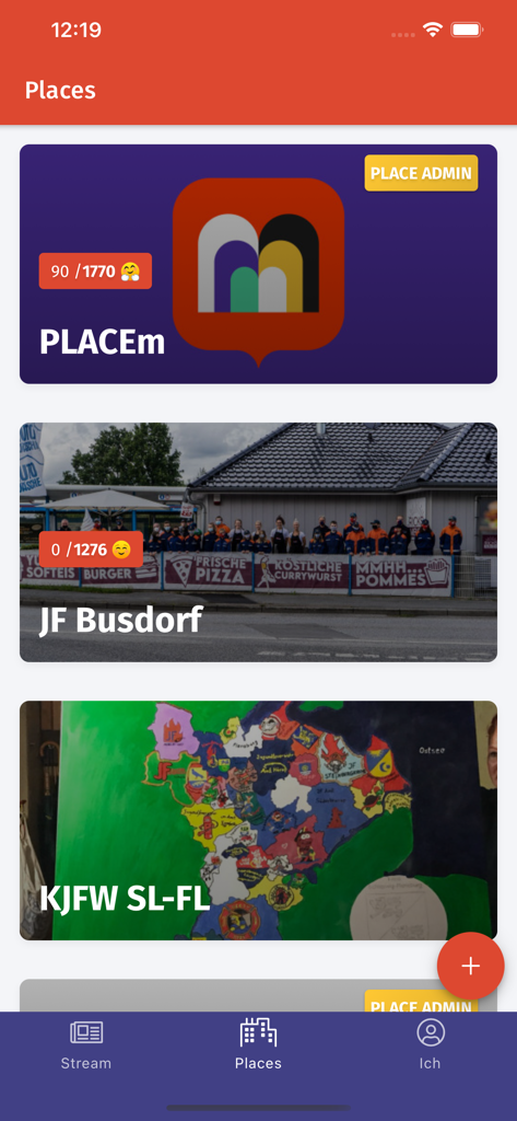 PLACEm - Die Mitrede-App - Interface de l'application PLACEm montrant une liste de groupes communautaires et de projets de participation locale.