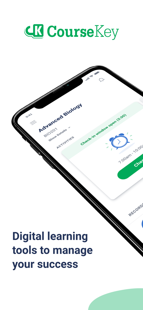 CourseKey Student - CourseKey Studentアプリのインターフェース。生物学コースのクラスチェックインウィンドウが表示されています。